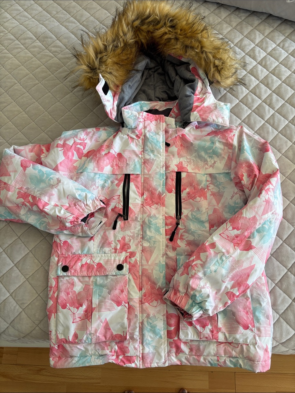 Girls Floral Pink & Teal Hooded Winter Puffer Jacket with Faux Fur Trim